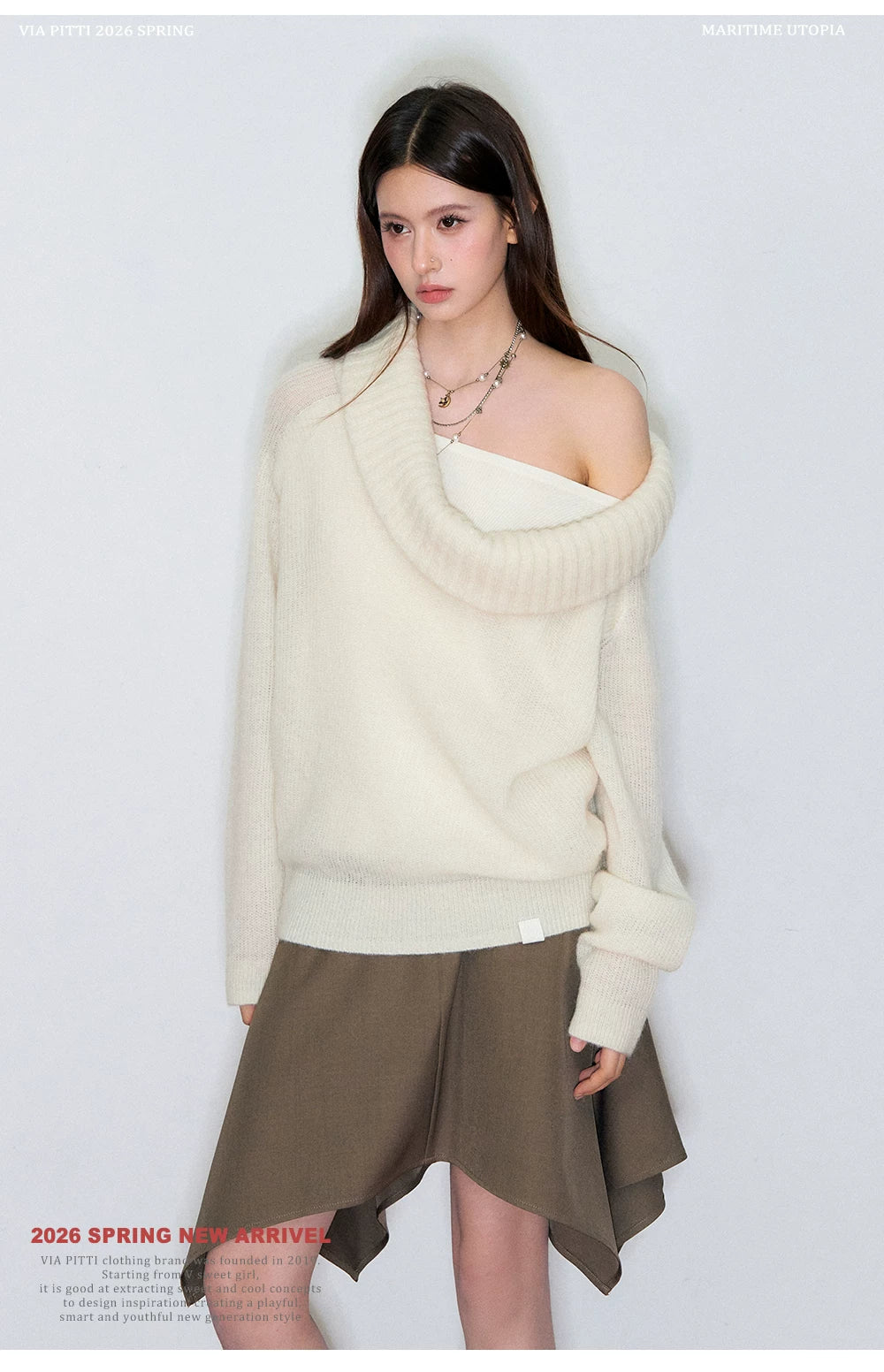 Relaxed Cowl-Neck Pullover Wool Knit Sweater