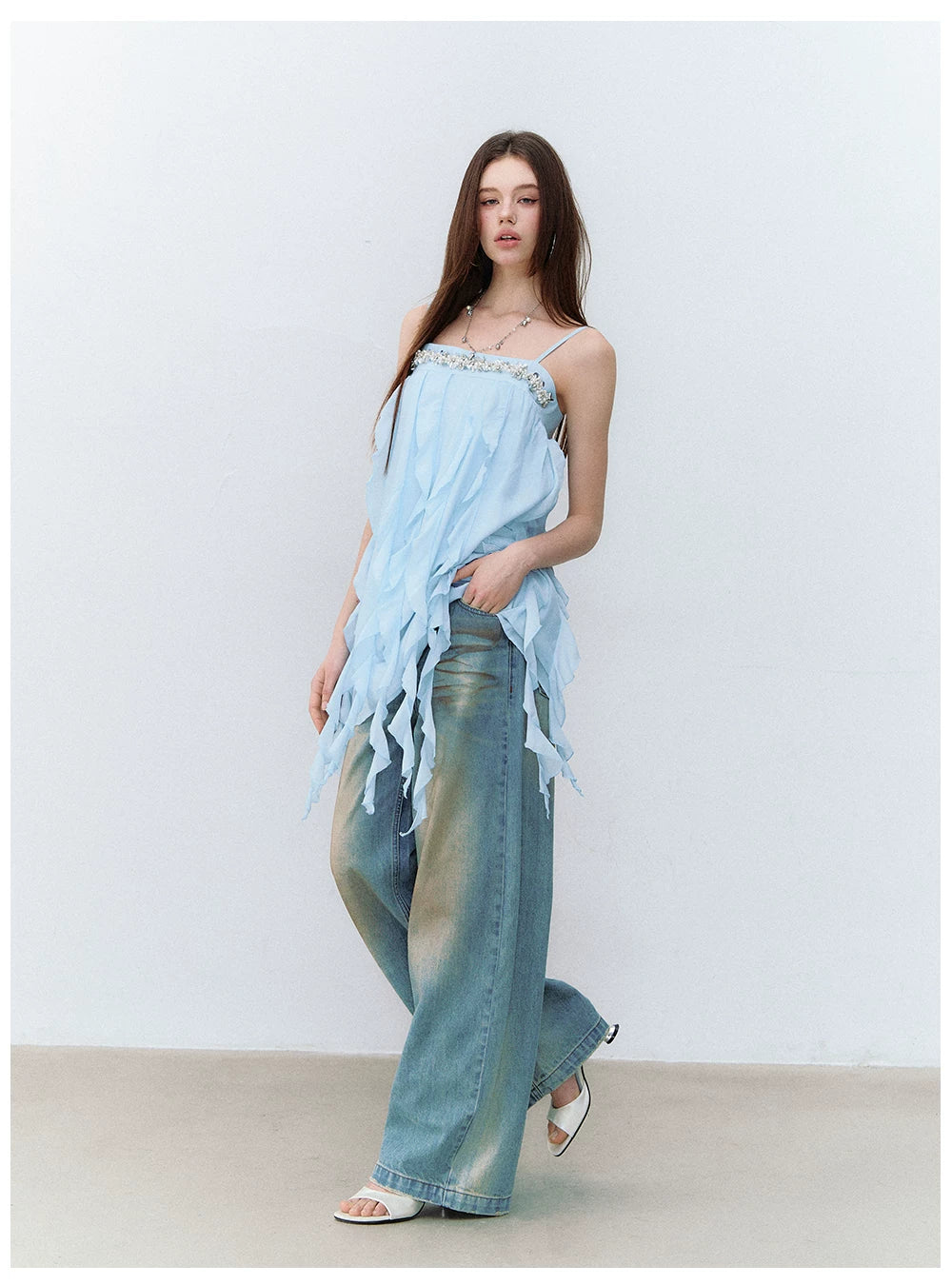 Beaded Trim Flowing Acetate Slip Dress