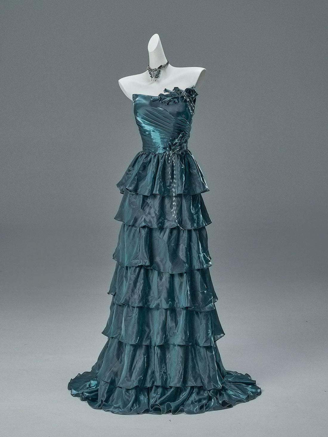 Bengi Midnight Teal Tiered Couture Gown