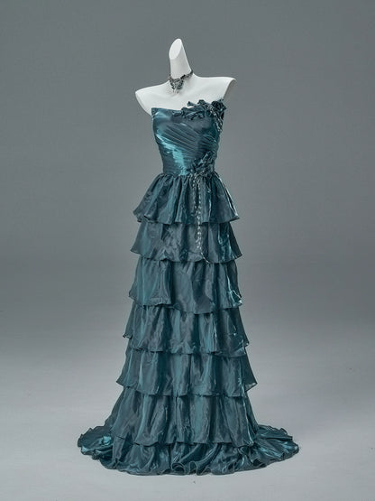 Bengi Midnight Teal Tiered Couture Gown