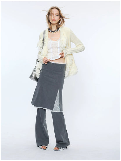 Lace Waist Bow Flared Skirt Pants