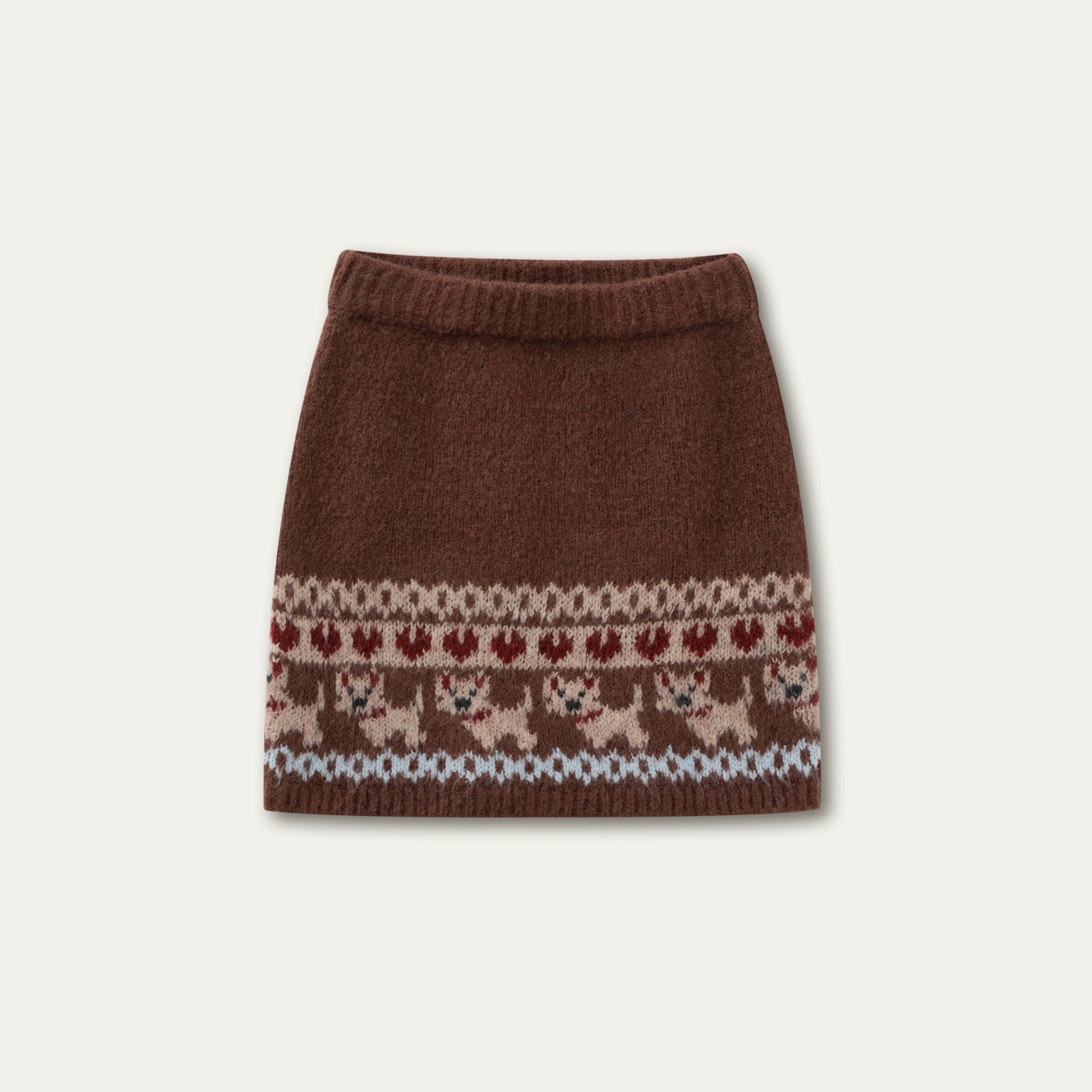 “Puppy Fair Isle” Vintage Knit Cardigan &amp; Skirt Set