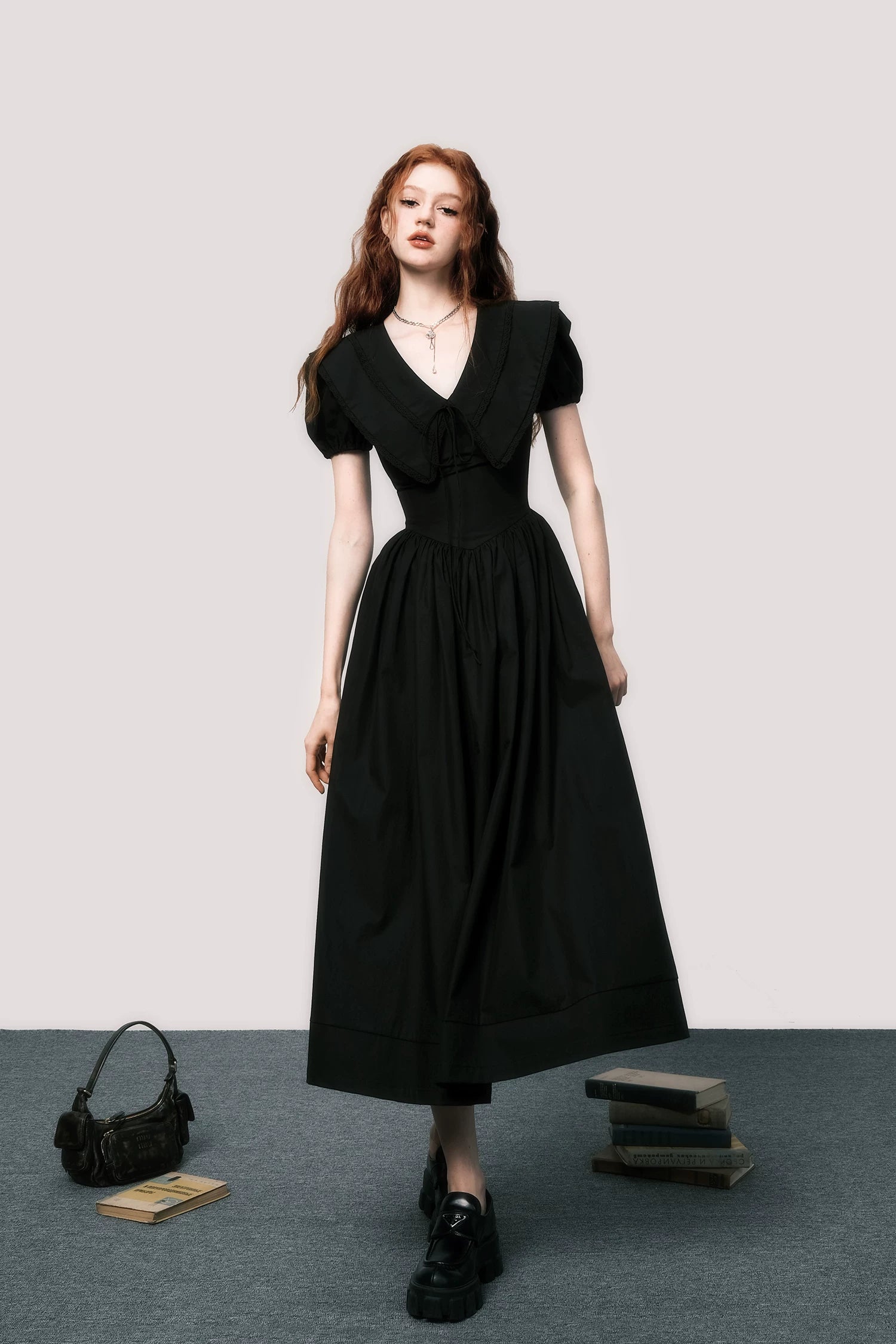 Puff-Sleeve Waist-Defined Maxi Dress