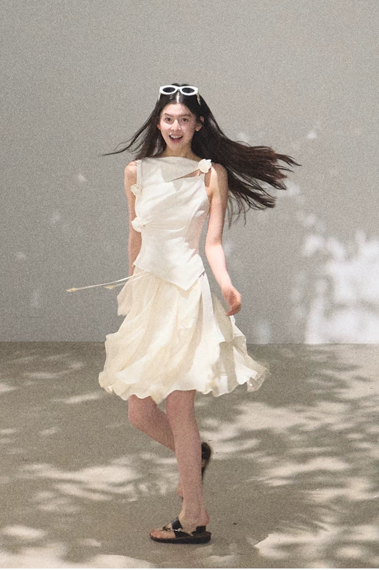 Asymmetric Ruffle Lace-Trim A-Line Midi Skirt