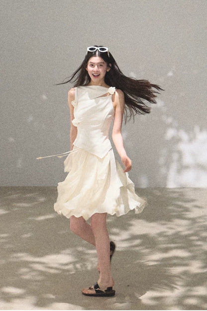 Asymmetric Ruffle Lace-Trim A-Line Midi Skirt