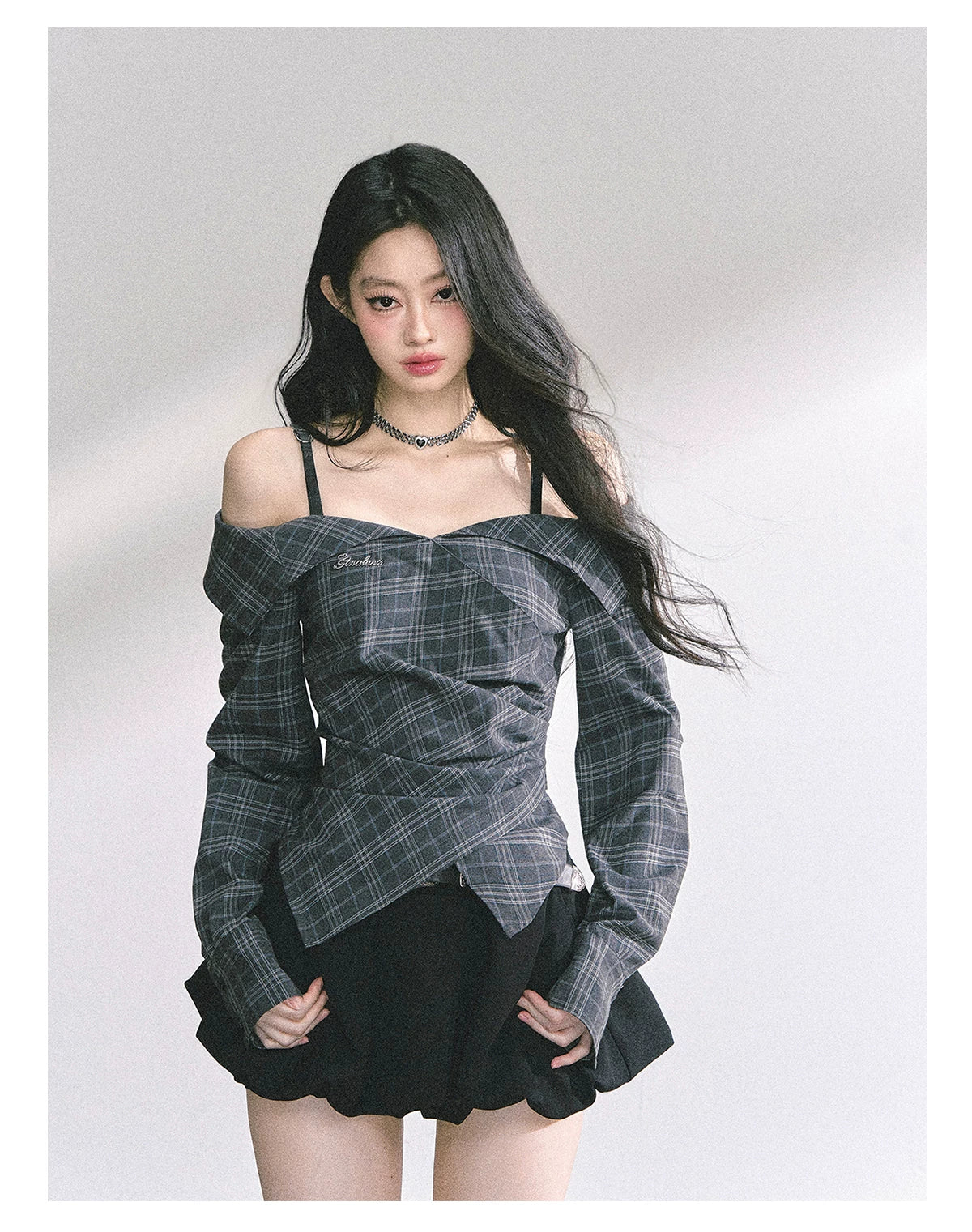 Off-Shoulder Plaid Long-Sleeve Shirt