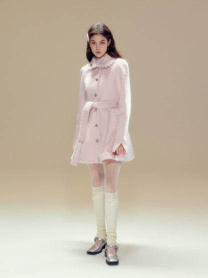 Pink Wool Lace Trim Waist Belted Coat - CHINASQUAD