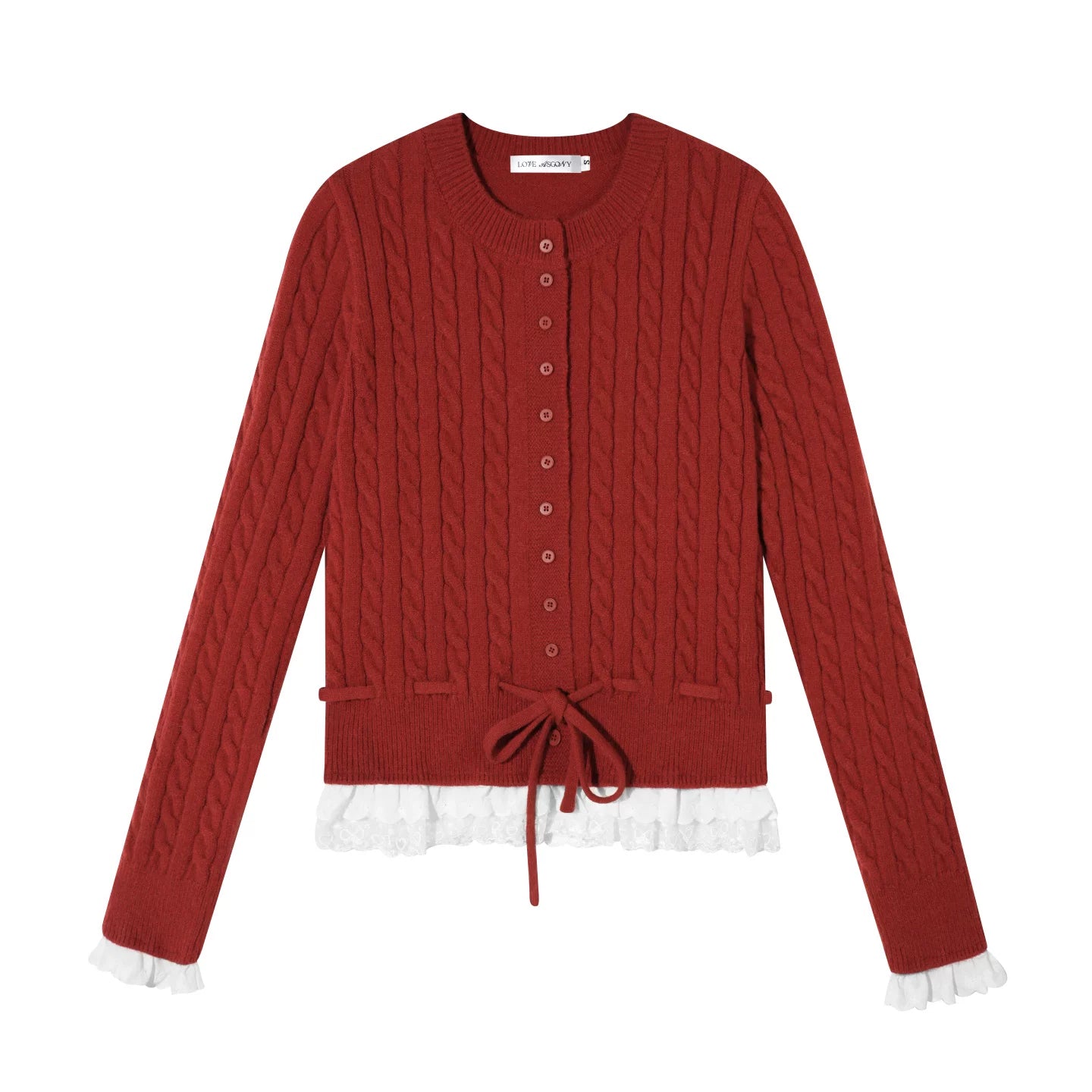 Cable Knit Lace-Hem Drawstring Sweater