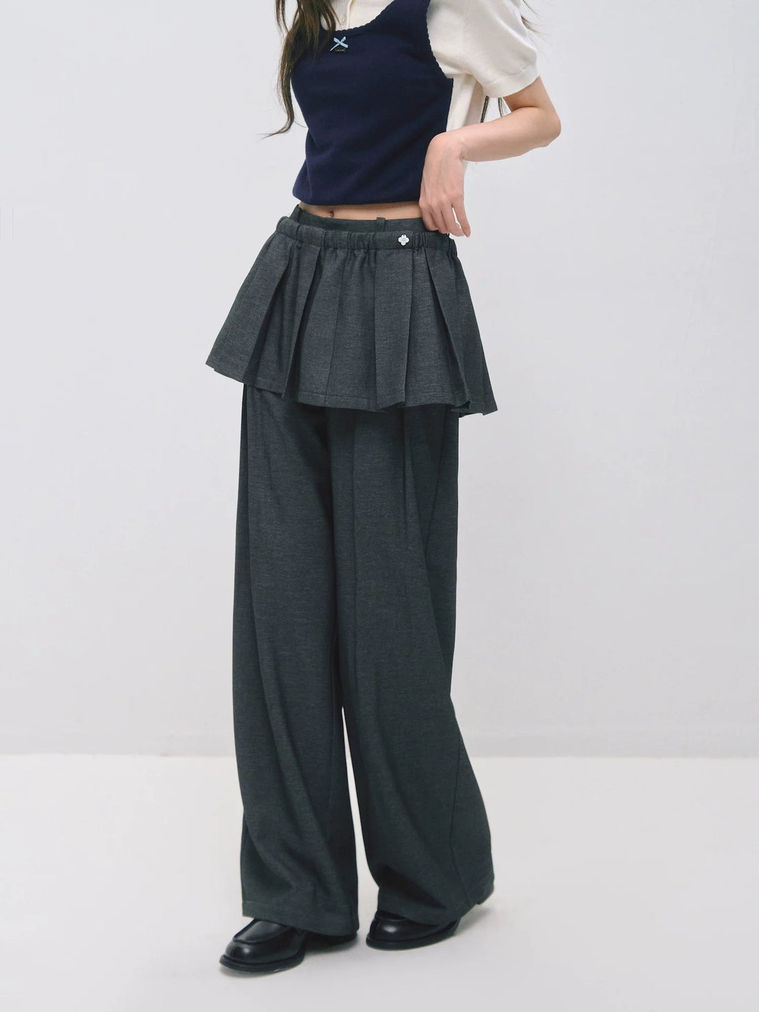 Detachable Pleated Overlay Tailored Wide-Leg Trousers