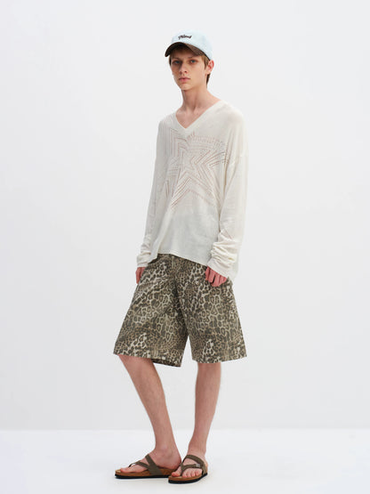 Vintage Leopard Print Relaxed Wide-Leg Bermuda Shorts