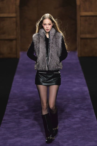 Beaded Faux Fur Layered Vest