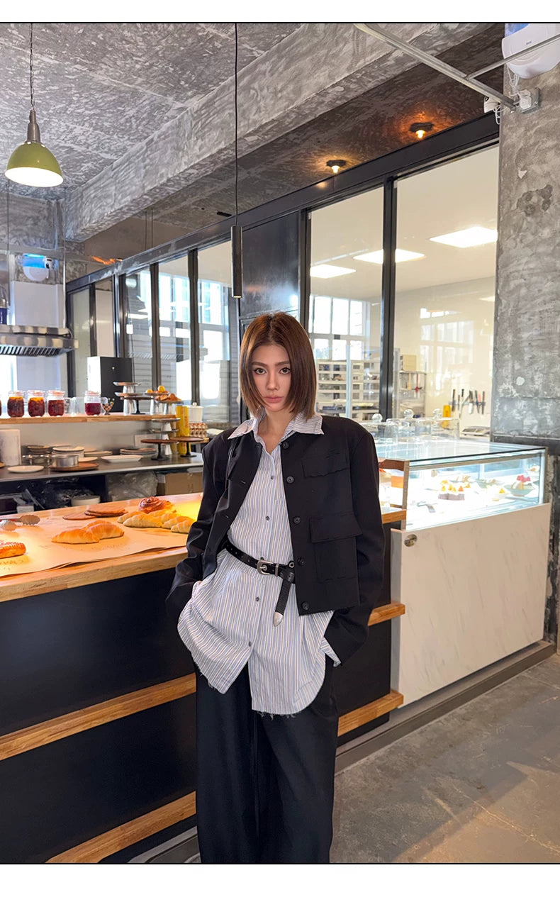 Asymmetric Pleated Stripe Cotton Shirt