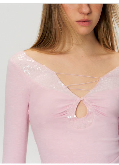 Cut-Out Lace-Up Slim Fit Long Sleeve Top