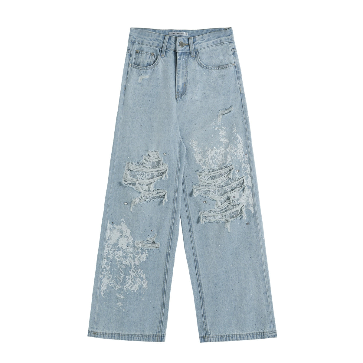 Lace-Trimmed Printed Rhinestone-Embellished Jeans