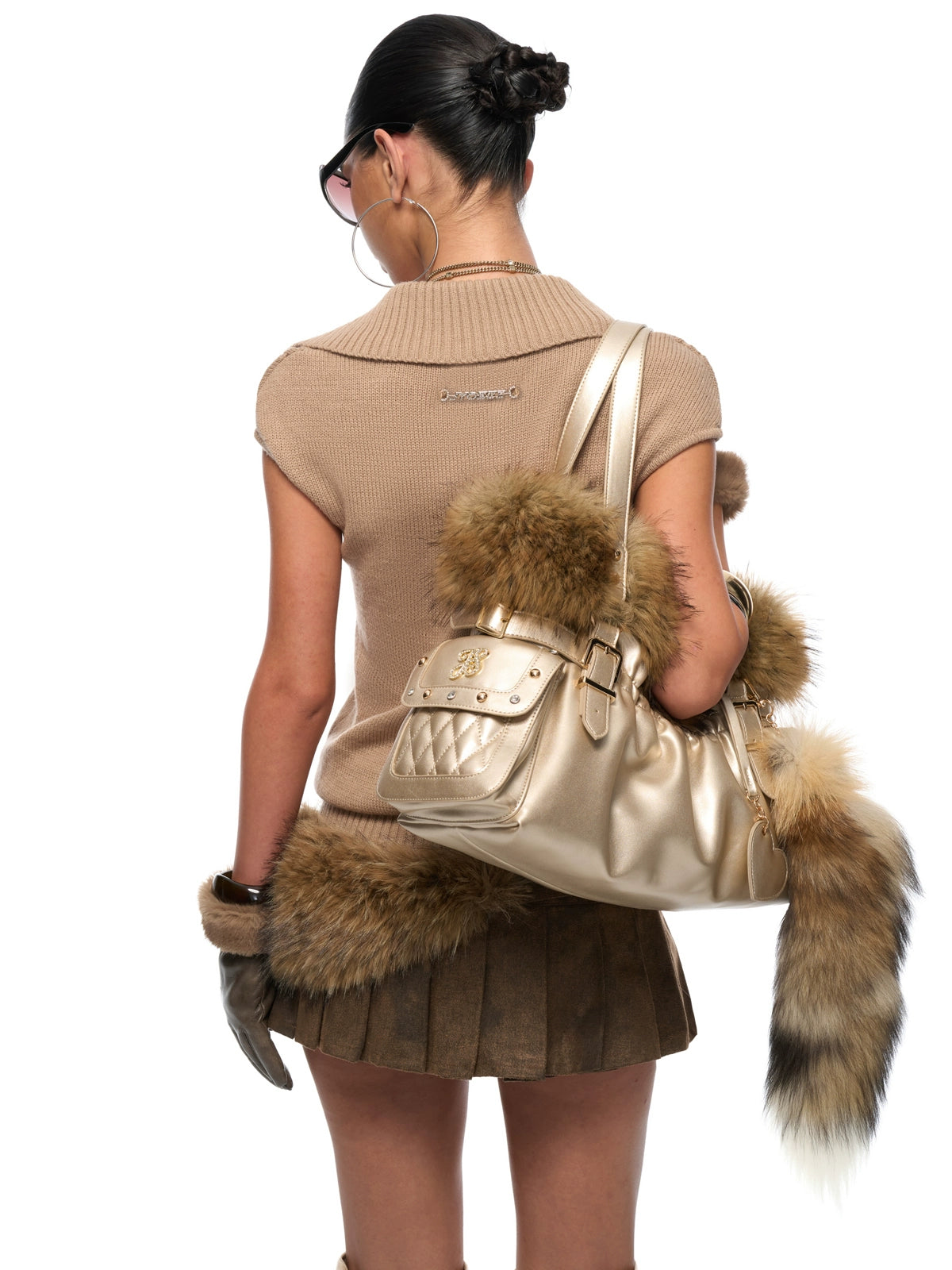 Faux Fox-Trim Structured Tote Bag