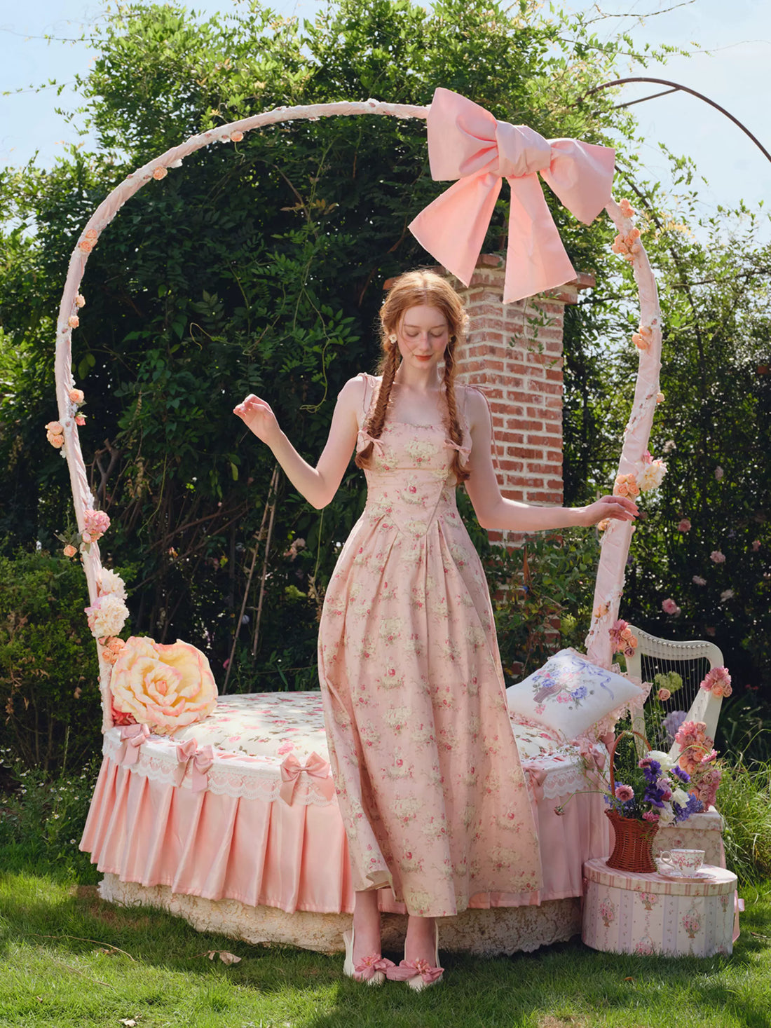 French Sweet Floral Corset Slip Pink Dress