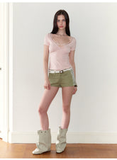 Lace Panel Ruched Slim-Fit T-Shirt NeverMore