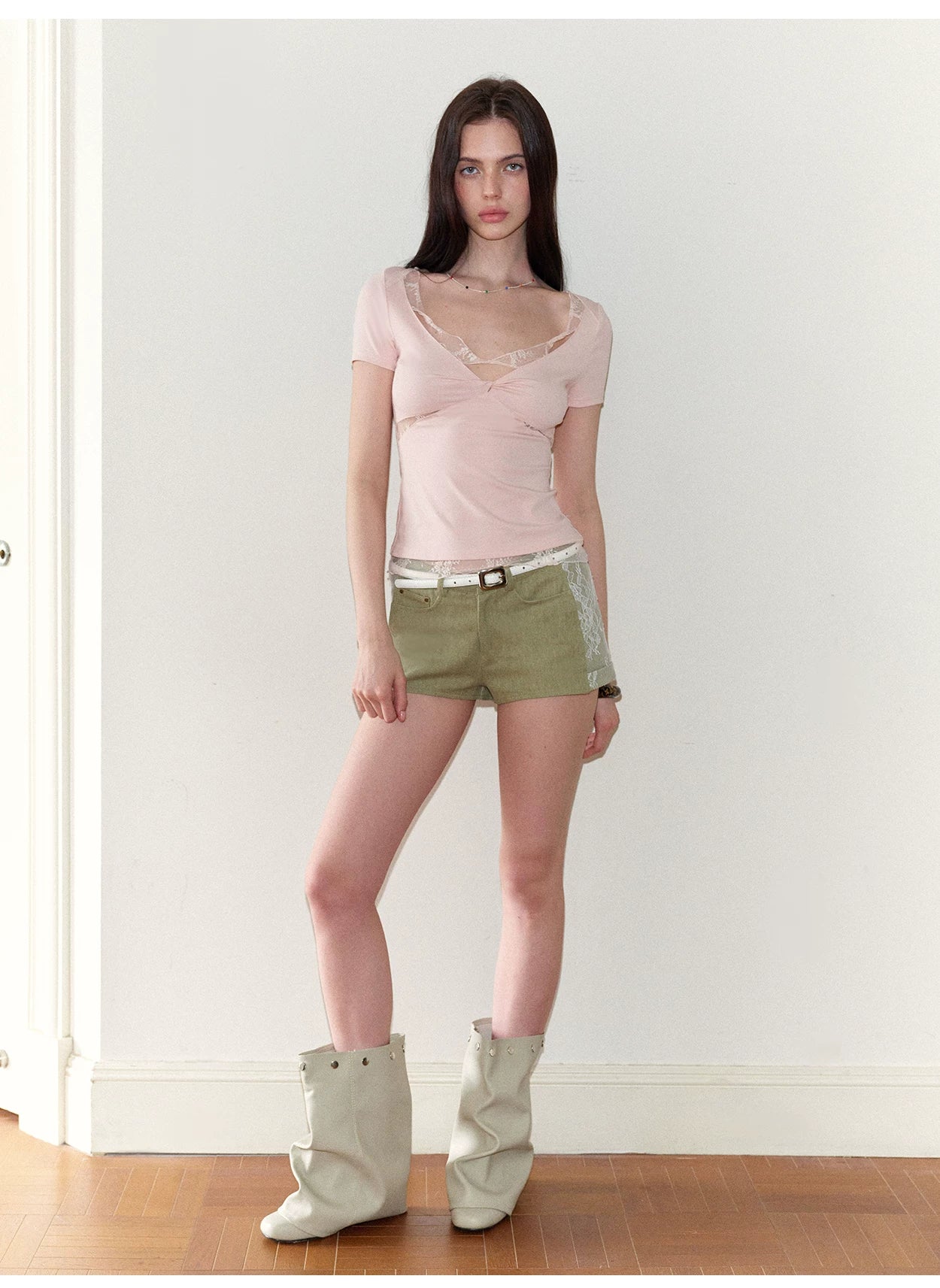 Lace Panel Ruched Slim-Fit T-Shirt NeverMore