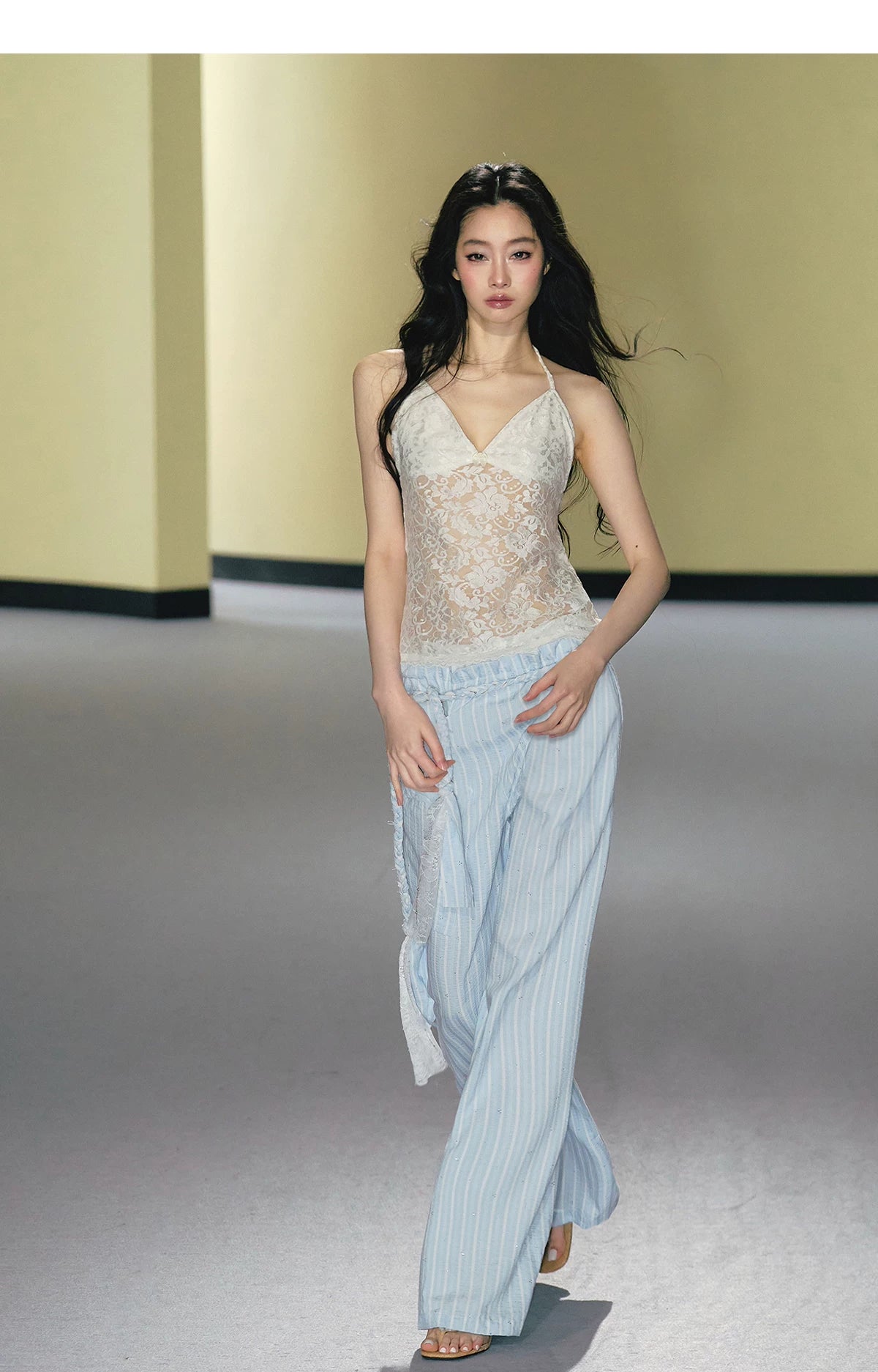 Hand-Braided Drawstring Striped Wide-Leg Trousers