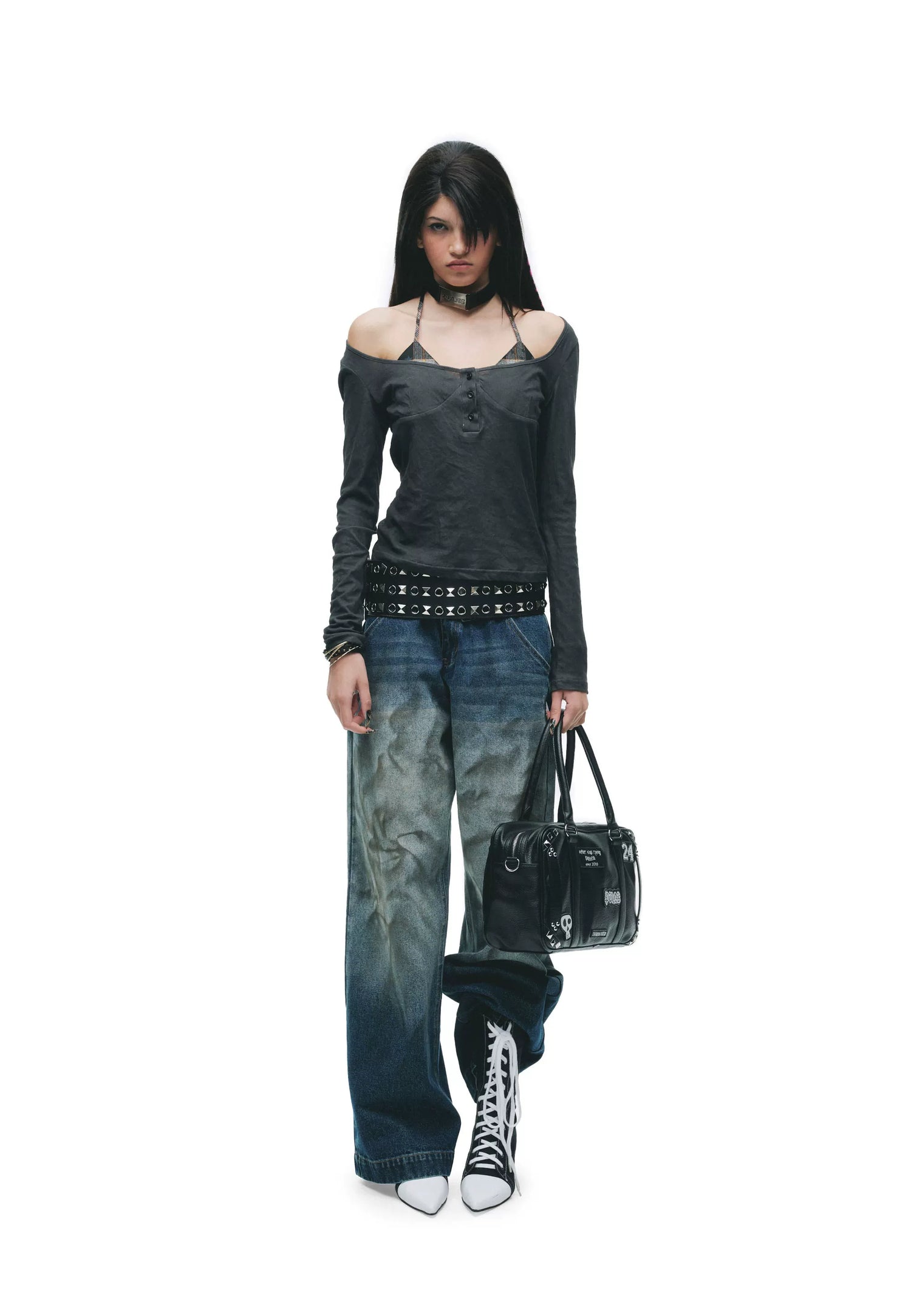 Y2K Grunge Washed Off-Shoulder Layered Long Sleeve Top