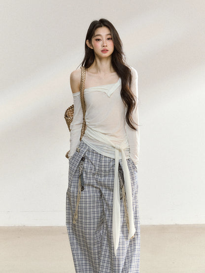 Asymmetric Shoulder Cross-Tie Knit T-Shirt