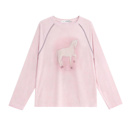 Lyocell Wool-Blend Raglan Sleeve Lace Hem Printed T-Shirt