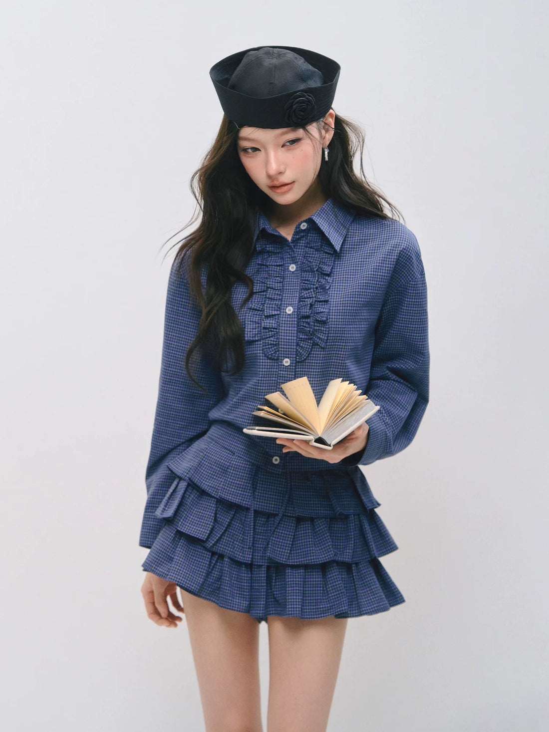 Vintage Check Ruffle Shirt &amp; Tiered Pleated Mini Skirt Set