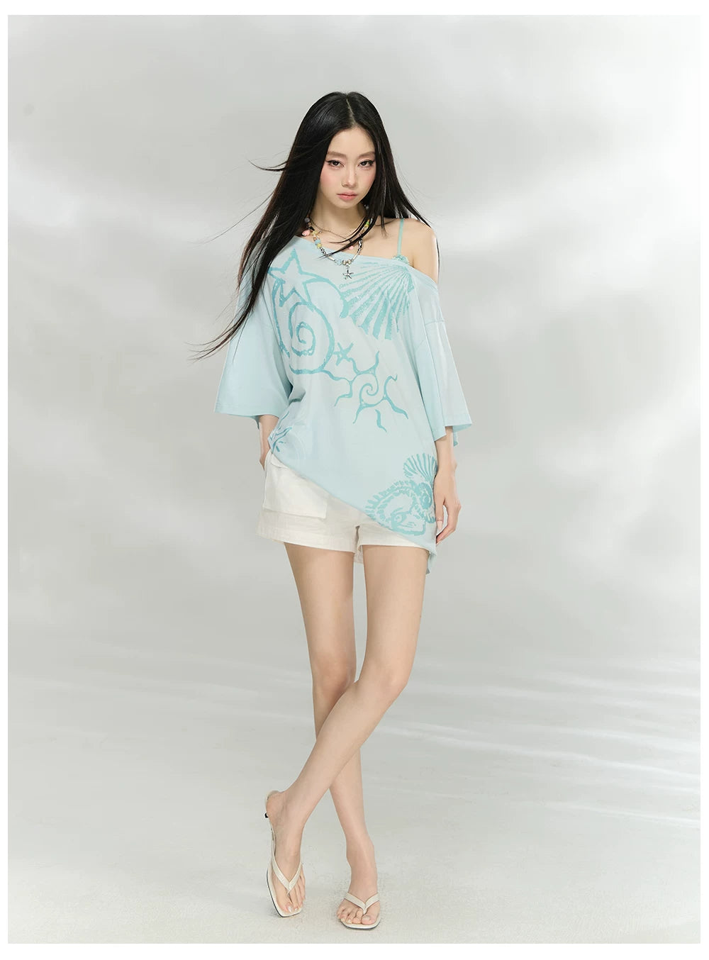 Ocean Print Asymmetric Oversized Modal T-Shirt