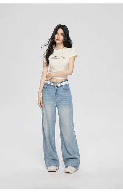 Blue Lyocell Tencel Jeans Wide-Leg Pants