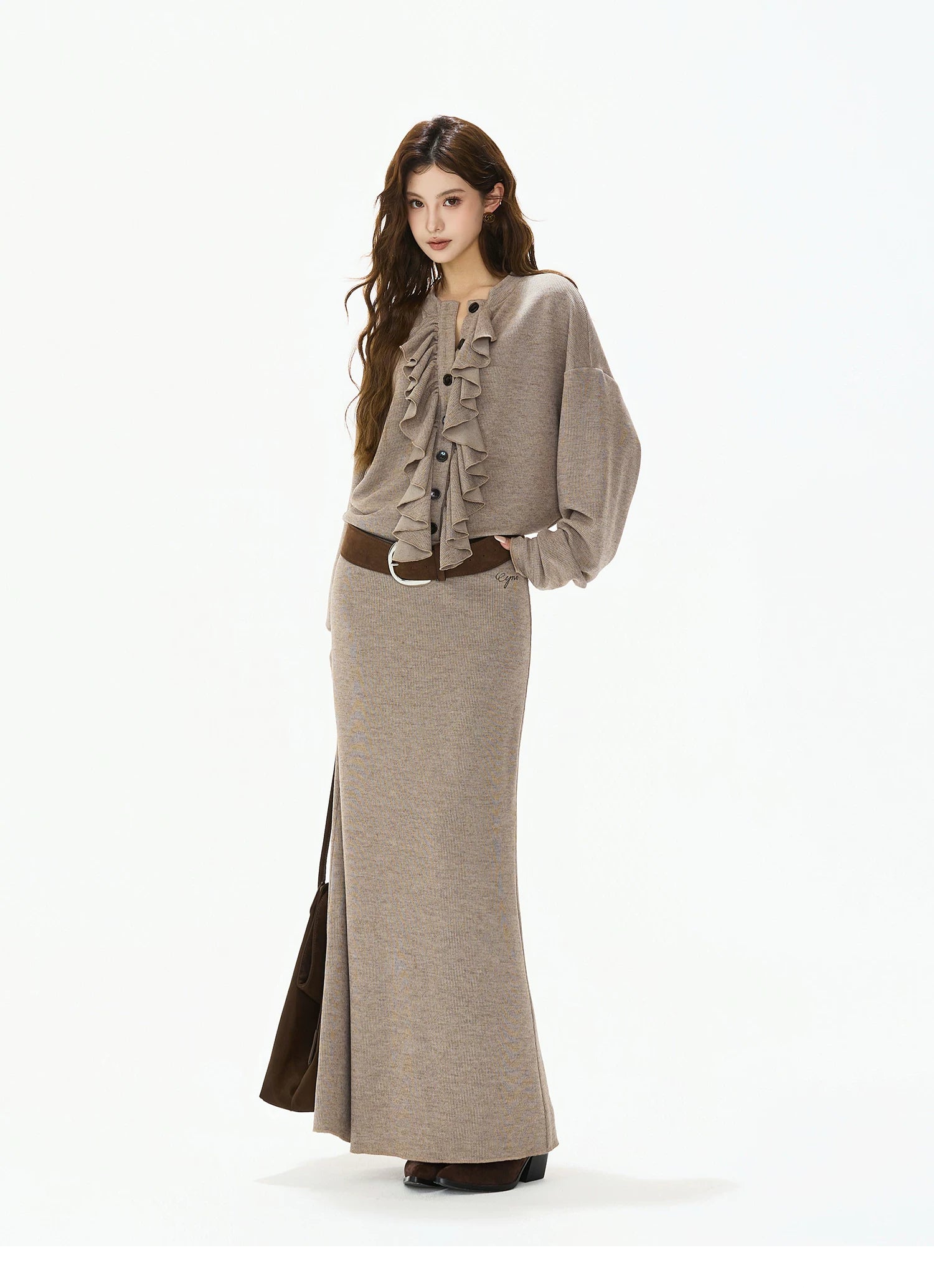 Ruffle-Trim Batwing-Sleeve Knit Crewneck