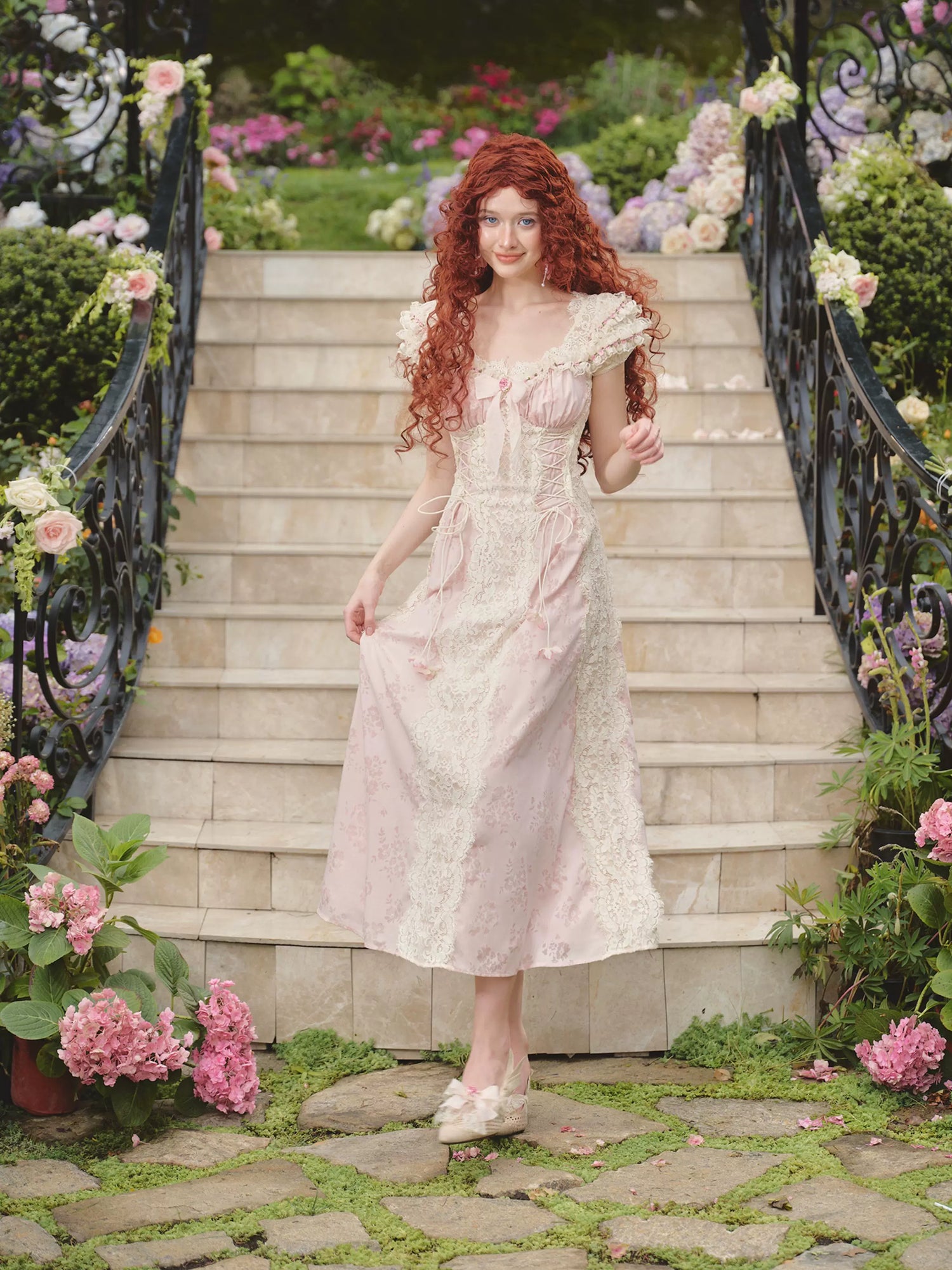 French Sweet Empire-Waist Lace Tie Dress