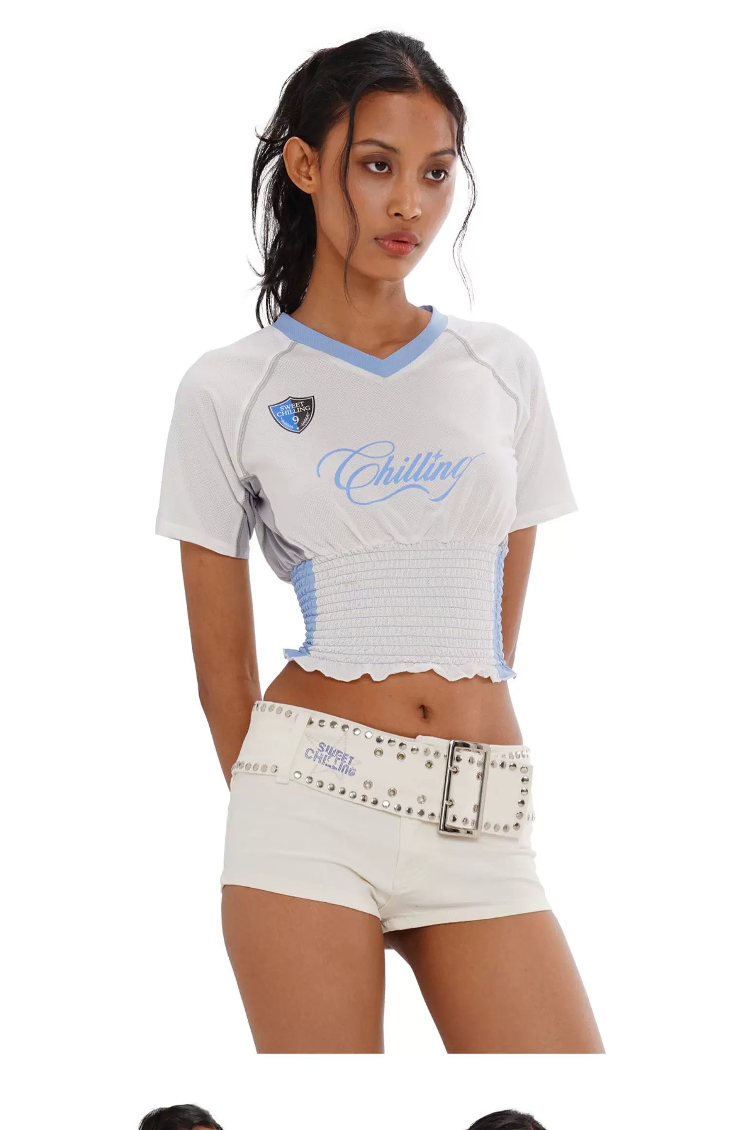 White &amp; Blue V-neck Smocked Jersey Baby Tee