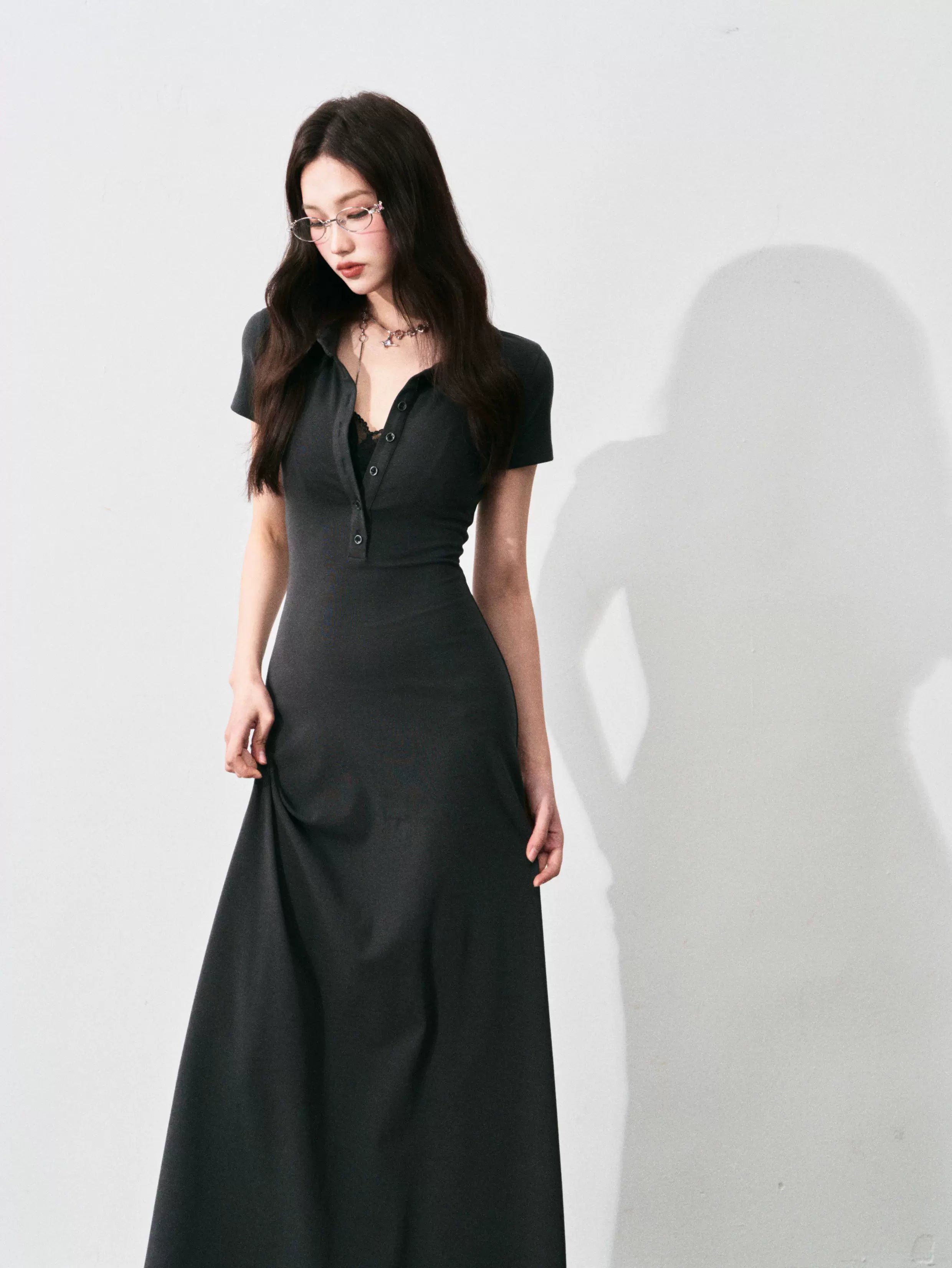 Half-Placket Polo Collar Knit Maxi Dress