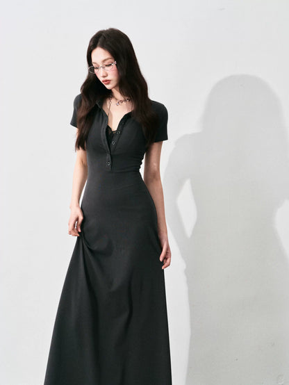Half-Placket Polo Collar Knit Maxi Dress
