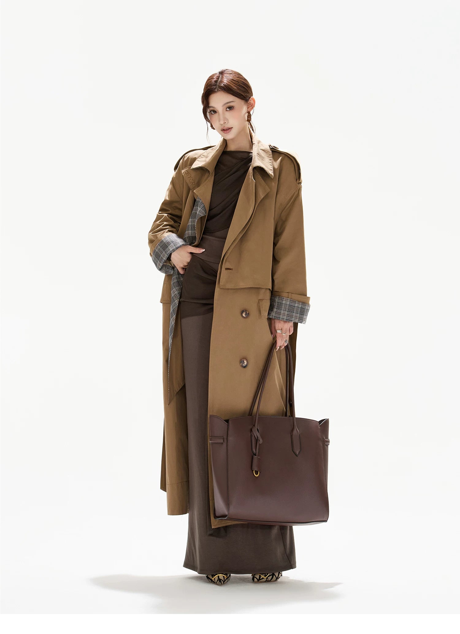 Double-Breasted Check-Panel Trench Coat