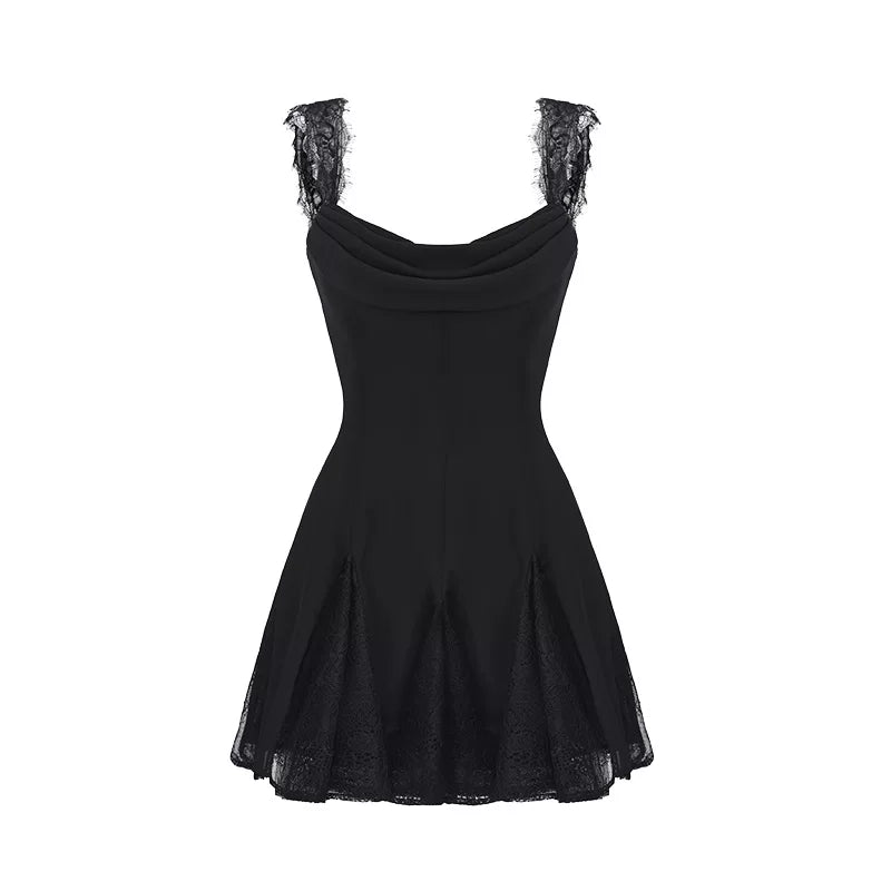 Lace Cowl-Neck Chiffon Mini Dress