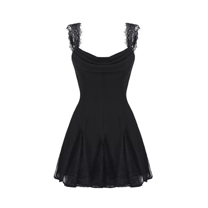 Lace Cowl-Neck Chiffon Mini Dress