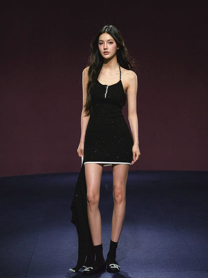 Tweed Galaxy Shimmer Chain Halter Dress &amp; Cardigan Set - CHINASQUAD