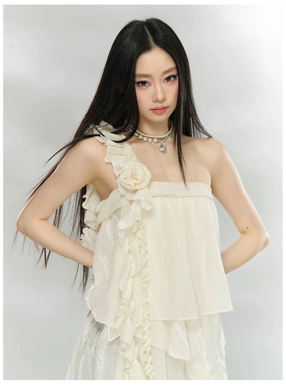 Asymmetric Ruffle Rose Detail Layered Dress