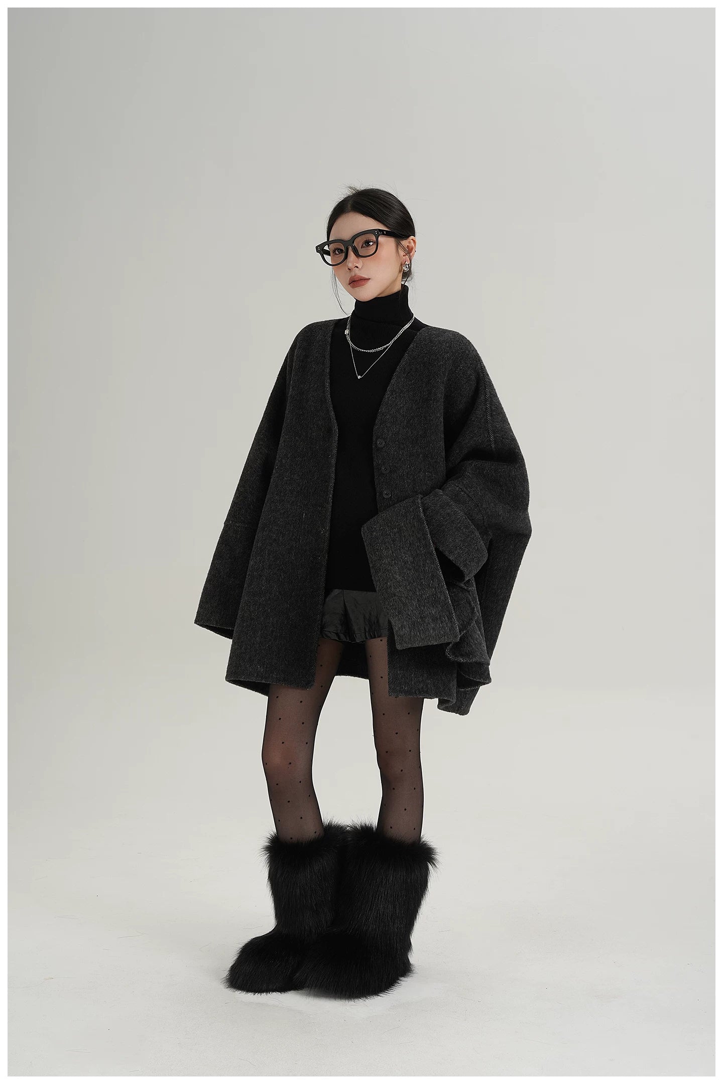 Scarf-Detail Mid-Length Wool Jacket