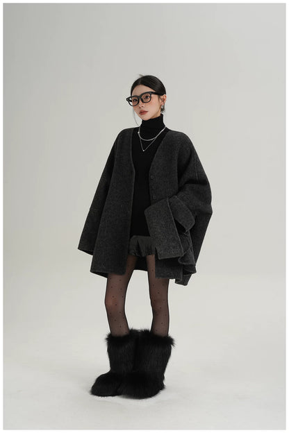 Scarf-Detail Mid-Length Wool Jacket