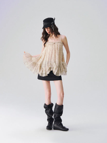 Sheer Polka Dot Asymmetric Ruffle Camisole