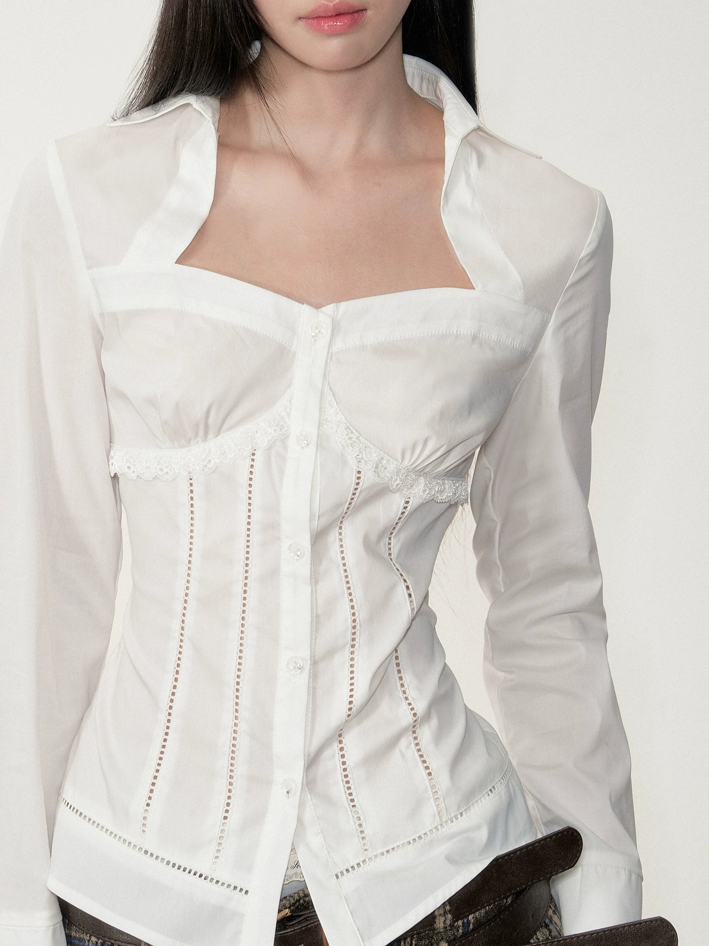 White Lace Slim-Fit Long-Sleeve Shirt - CHINASQUAD