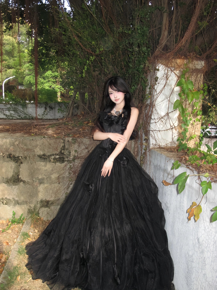 Nightfall Black Tulle Ball Gown with Floral Accents