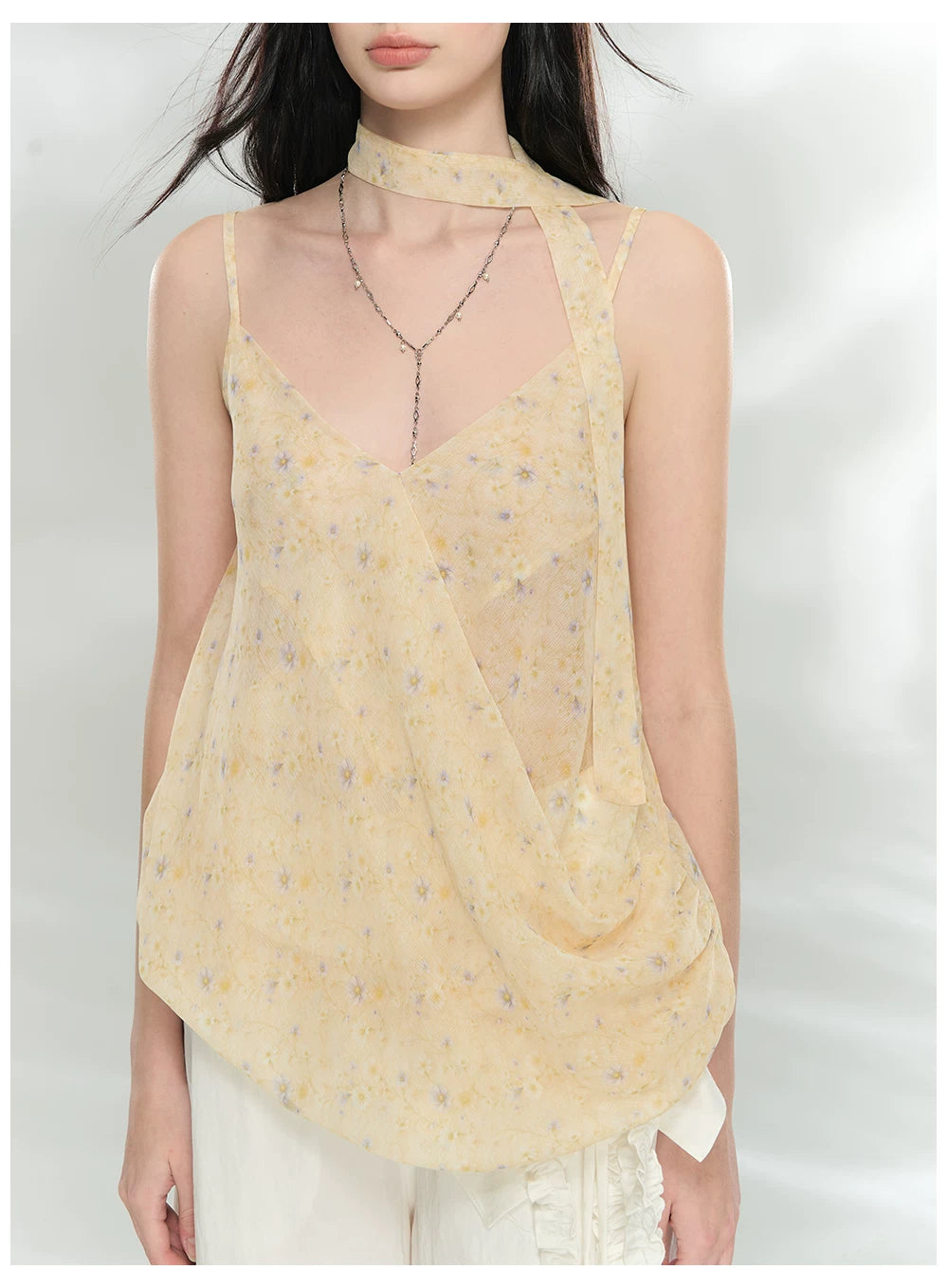 Asymmetric Ribbon Tie Sheer V-Neck Camisole