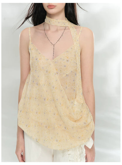 Asymmetric Ribbon Tie Sheer V-Neck Camisole