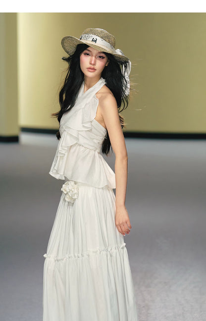 Lyocell Satin Ruffle Halter Top &amp; Floral Maxi Skirt Set