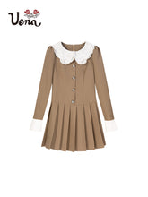 Khaki Doll Collar Pleated Dress - CHINASQUAD