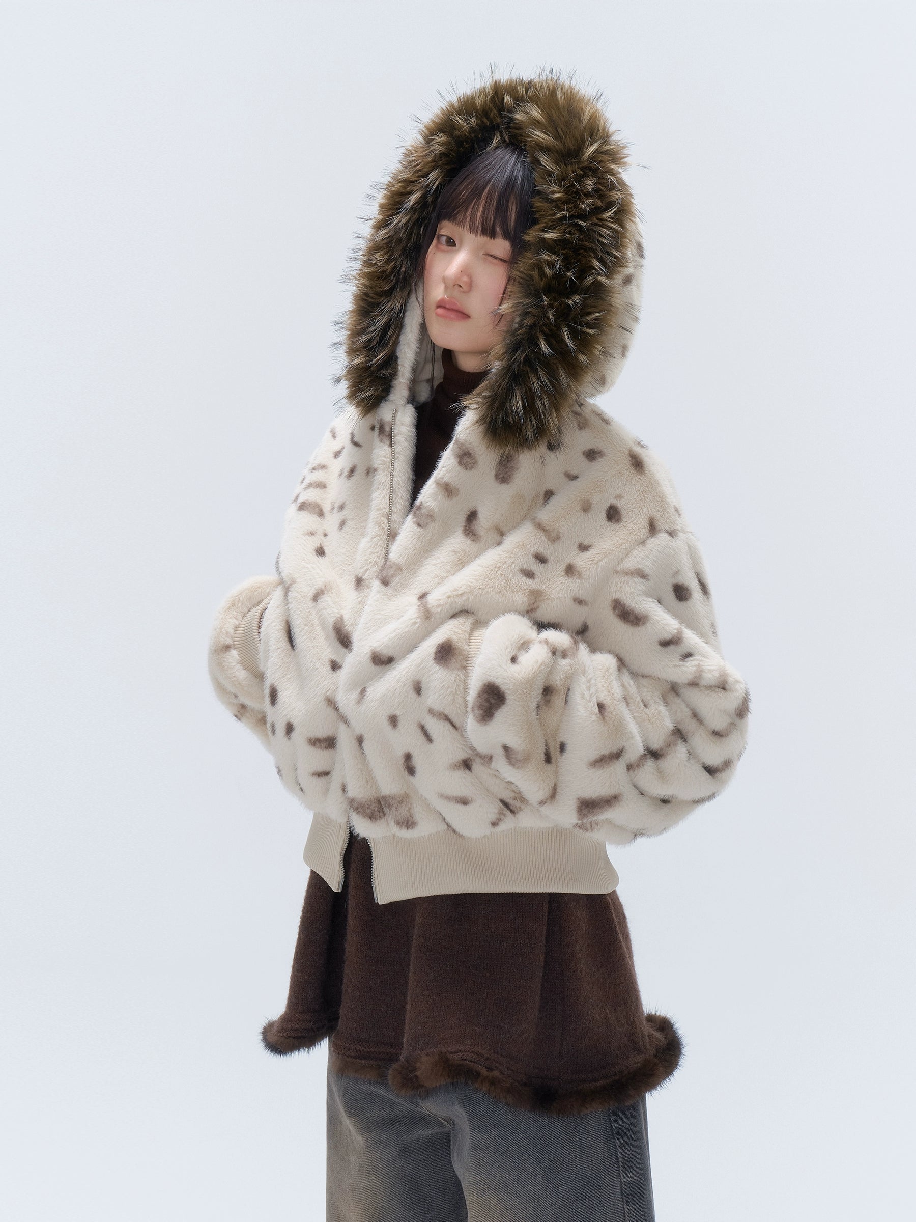 Faux Fur Hooded Zip-Up Cropped Jacket