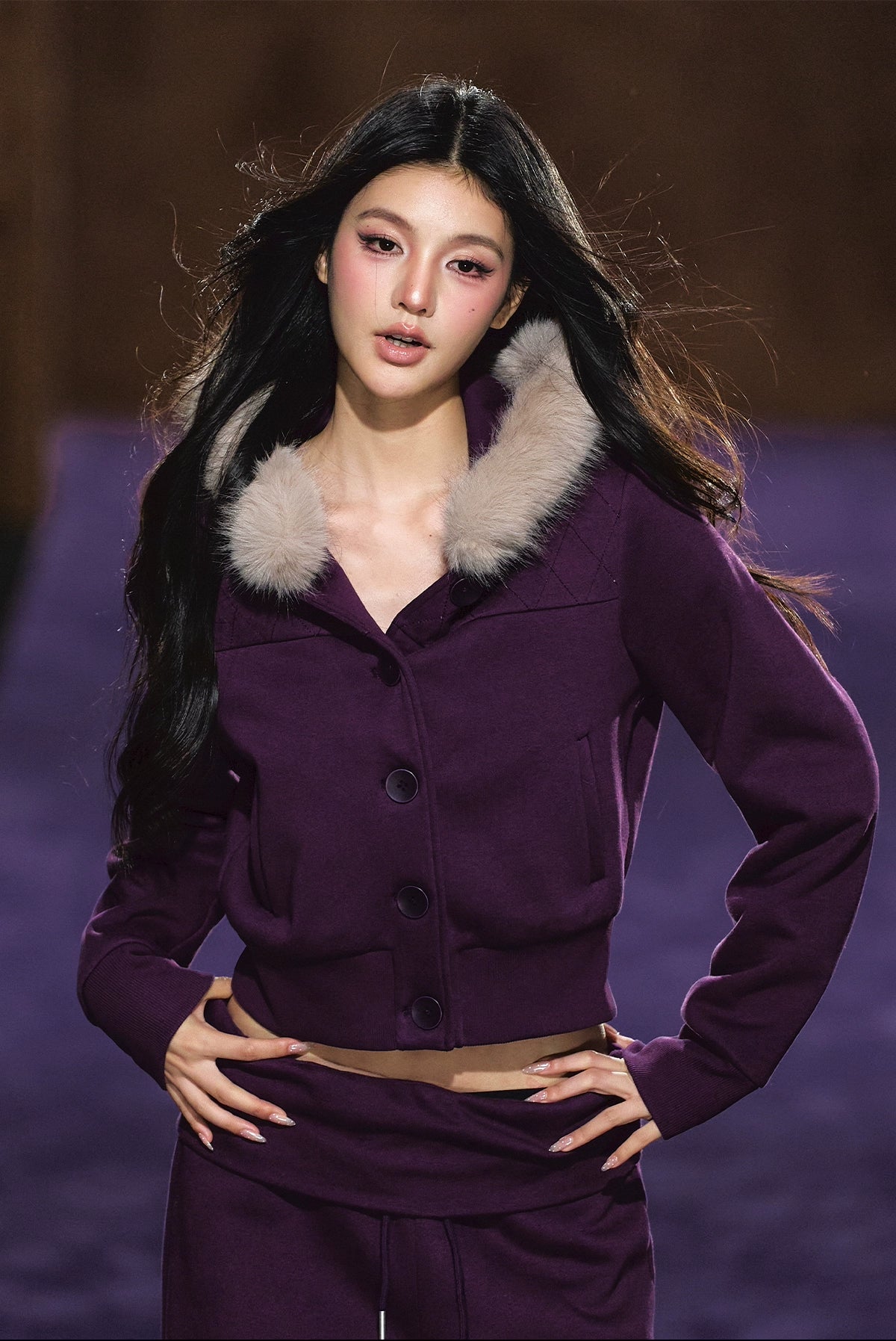 Faux Fur Hooded Cropped Hoodie &amp; Jogger Set